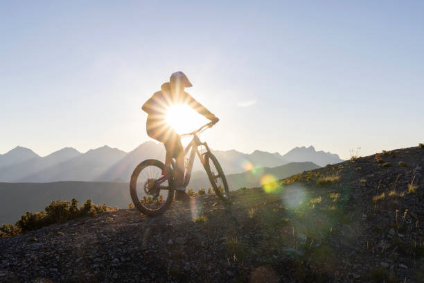 istock Male mountain biker ascends high mountain ridge 1603941042
