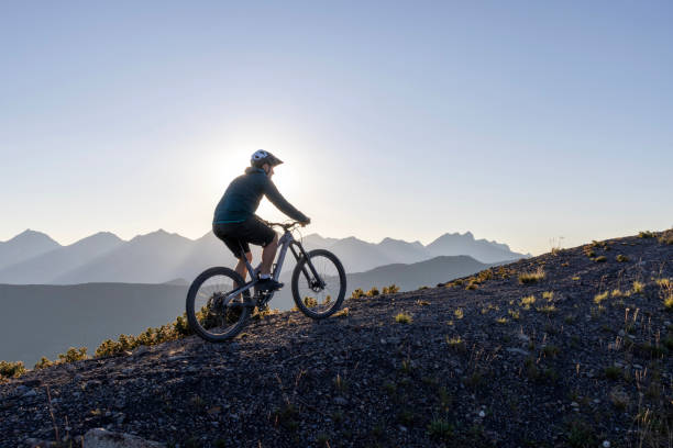 istock Male mountain biker ascends high mountain ridge 1603942325