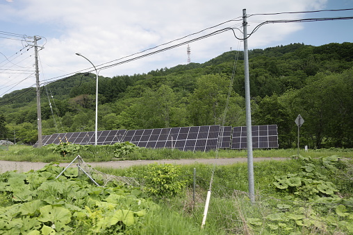 Solar panels stand in a rural area with a dense forest in Tokachi Subprefecture. Spring morning with light clouds.