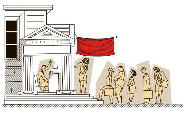 Vector illustration of people lined up in front of the bank building