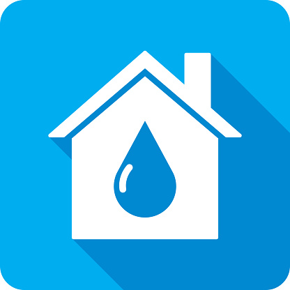 Vector illustration of a house with water droplet icon against a blue background in flat style.