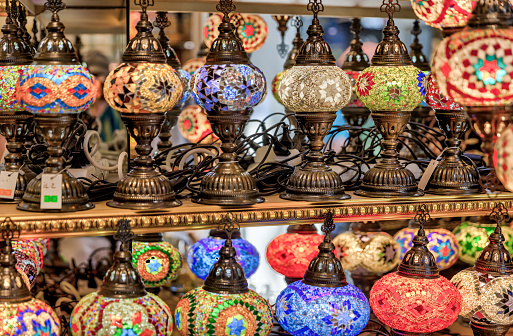 Istanbul, Turkey - July 22,2023: Close up of mosaic Turkish lamps at a street vendor in Istanbul’s Grand Bazaar