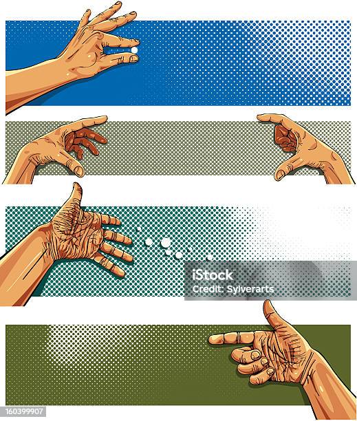 Vetores de Pixel Banners Com As Mãos e mais imagens de Abstrato - Abstrato, Adulto, Apontar - Sinal Manual