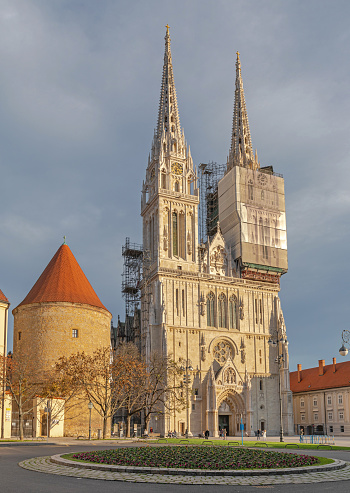 Zagreb, Croatia - November 03, 2019: Roman Catholic Cathedral Located at Top of Kapitol Sunny Autumn Afternoon.