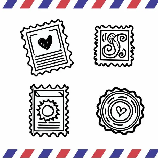 Vector illustration of Illustration of a set of postage stamps. Black and white.