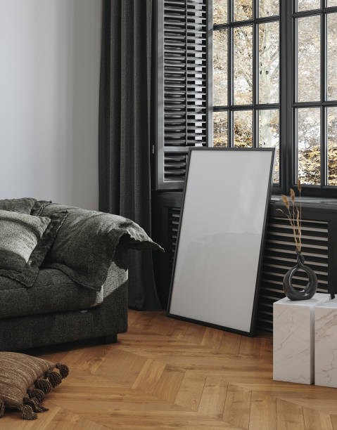 Modern dark home interior background, frame mock up stock photo