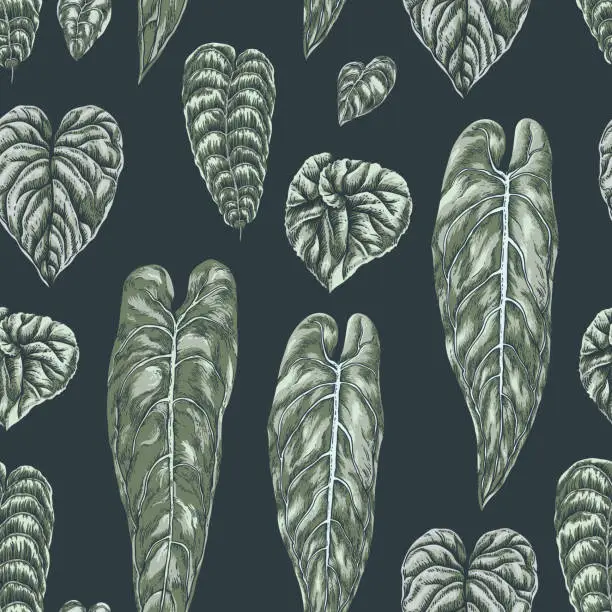 Vector illustration of Neutral vector vintage green leaves seamless pattern, dark botanica wallpaper