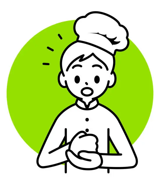 Vector illustration of A boy wearing a chef's hat and uniform slaps his fist against the palm of the other hand, looking at the viewer, making a point, minimalist style, black and white outline