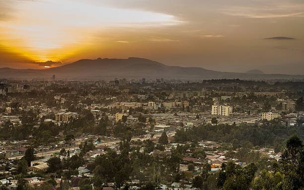 Aerial view of Addis Ababa Aerial view of the city of Addis Ababa during sunset ethiopia city stock pictures, royalty-free photos & images