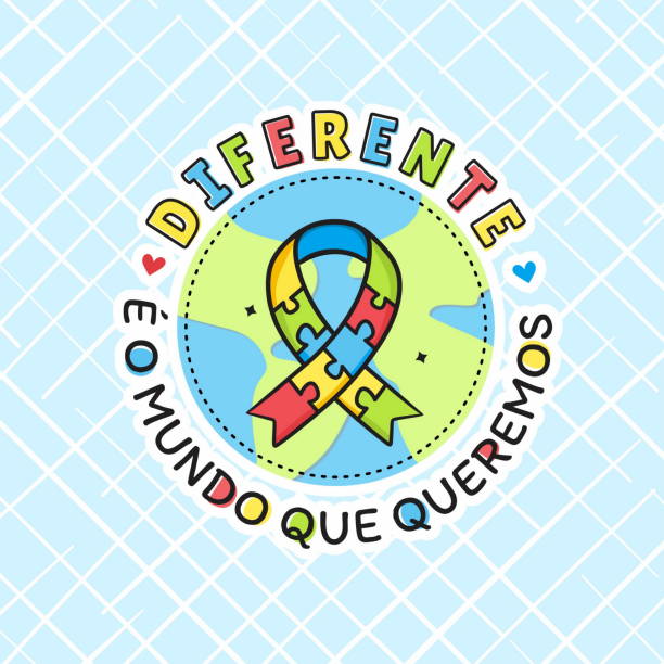 Autism symbol on the drawing of a planet with the phrase different is the world we want - autismo portuguese portugues Autism symbol on the drawing of a planet with the phrase different is the world we want - autismo portuguese portugues portugues stock illustrations
