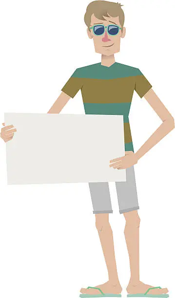 Vector illustration of Man with sunglasses holding shield in front of him