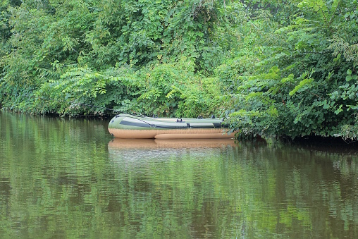 one empty rubber boat with a fishing rod and oars on the water of a lake near the shore in green vegetation