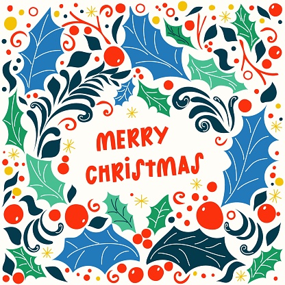 ready-made Christmas card with sharpie and berries in rartun style in blue and red colors with simple formals