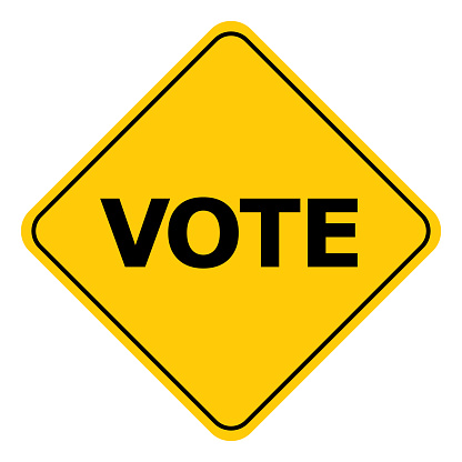 Vector illustration of a black and gold colored road sign with the words vote on it.