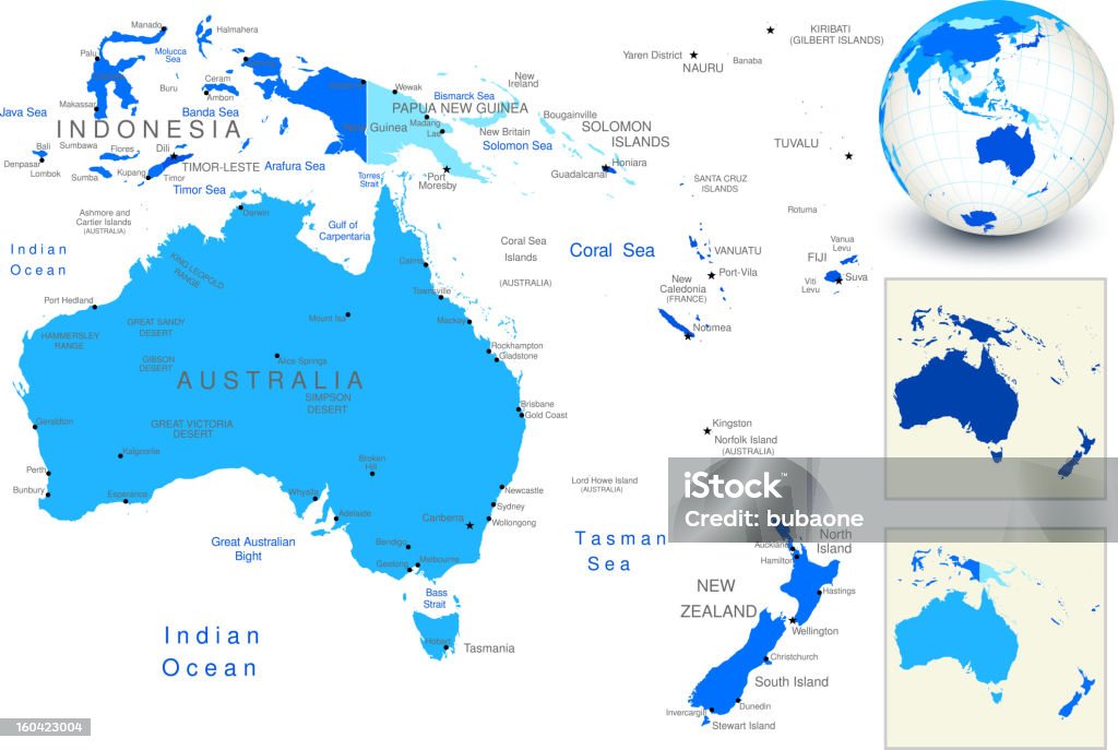 Australia mappa del mondo con blu e la campagna evidenzia - arte vettoriale royalty-free di Australia