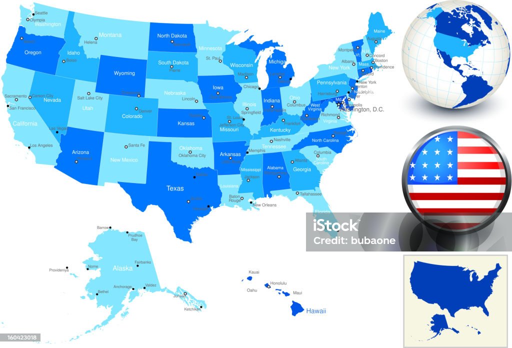 Соединенные Штаты карта с современной планы и Флаг Кнопка - Векторная графика Алабама роялти-фри