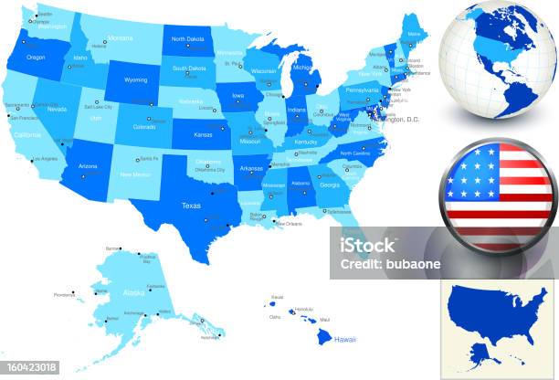 Соединенные Штаты Карта С Современной Планы И Флаг Кнопка — стоковая векторная графика и другие изображения на тему Алабама