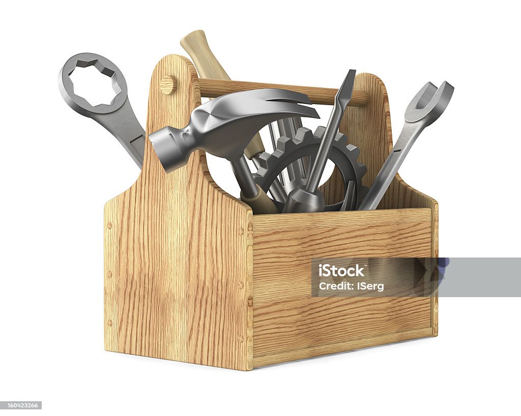 Boîte à outils en bois avec outils.  Isolé 3D image - Photo de Accessoire libre de droits