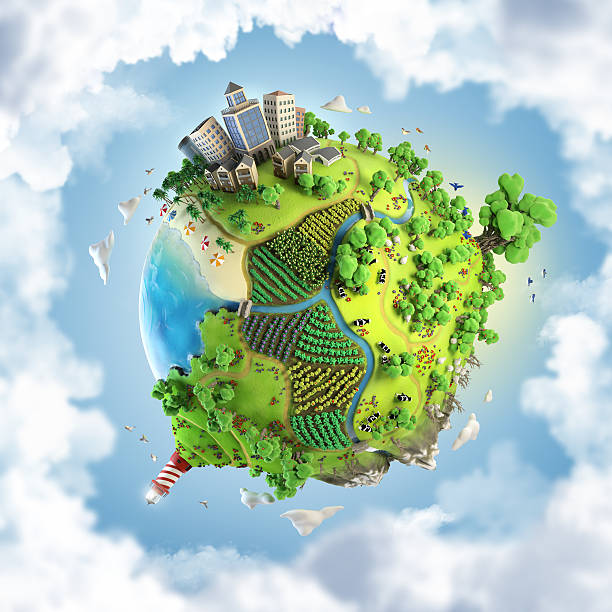 conceito de globo do mundo de fantasia feliz verde - miniature city isolated imagens e fotografias de stock