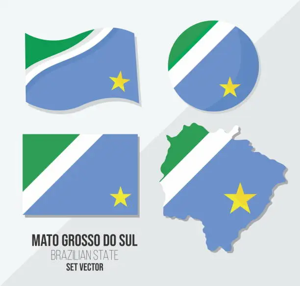Vector illustration of Mato Grosso do Sul Brazil state vector set flag symbol map and circle flag