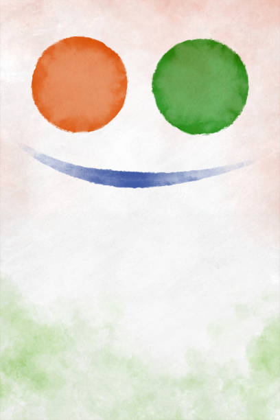 istock Vertical backgrounds - abstract smiling smiley of two circles as eyes in bright orange saffron, green colors of tricolor flag colors, as in Indian, Ivorian, Ireland, Niger Italian Flags, as graffiti on a smudged white wall, with blue curve as smile 1604252836