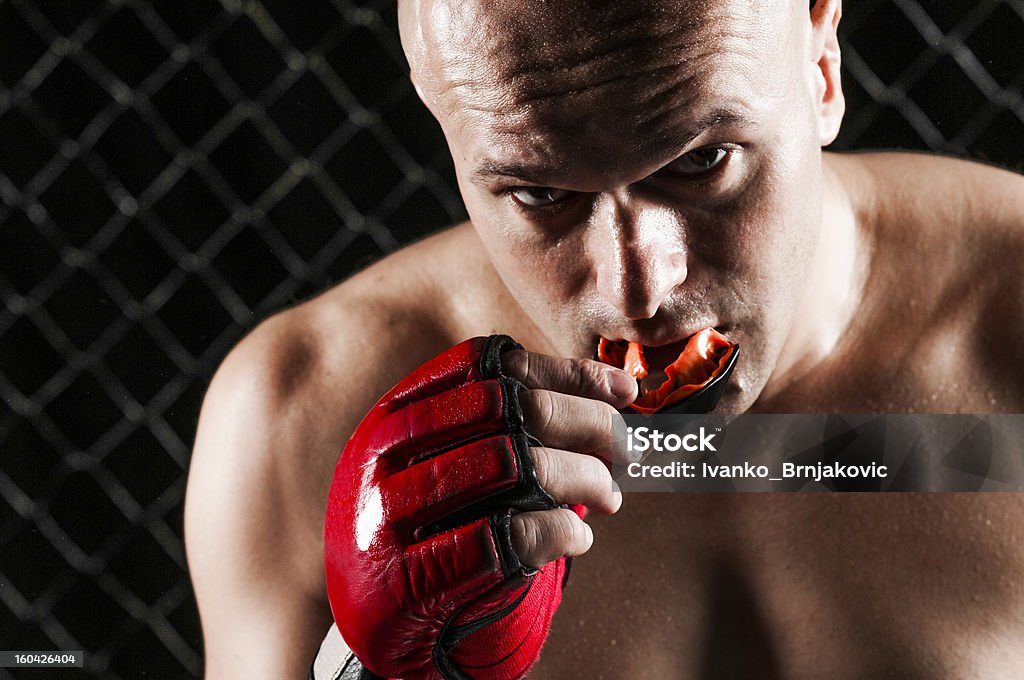 Close-up photograph of the fighter Mixed Martial Arts Fighter Mouthguard Stock Photo