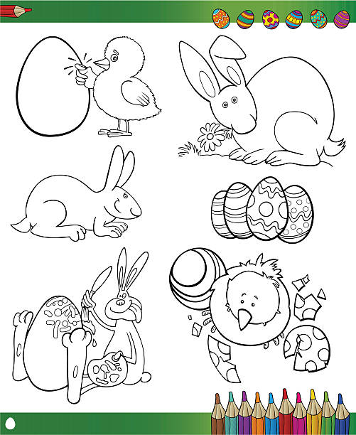 ilustraciones, imágenes clip art, dibujos animados e iconos de stock de pascua dibujos animados temas para colorear - easter egg paint black and white drawing