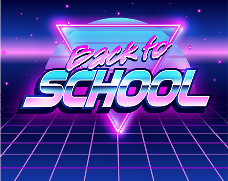 Vector illustration of a colorful Back to School in synth wave style printable sign template with school icons. Easy to print the vector eps or jpg. Use for Back to school promotions on social media. Fully editable eps included in download.
