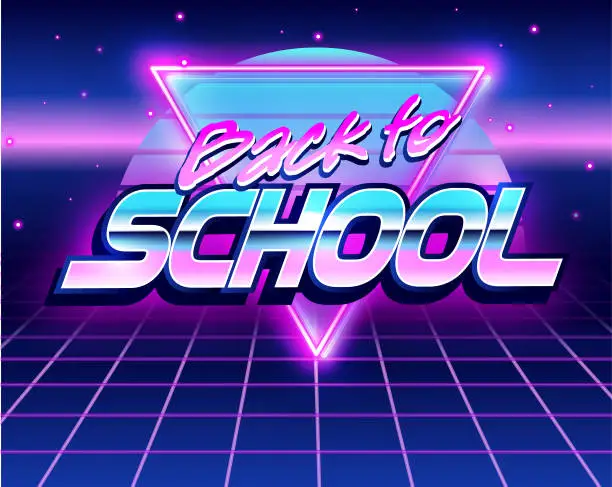 Vector illustration of Back to school horizontal neon synth wave or 80s style template for all grades fully printable