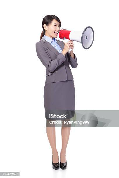 Business Woman With Megaphone Yelling Stock Photo - Download Image Now - White Background, Megaphone, One Woman Only