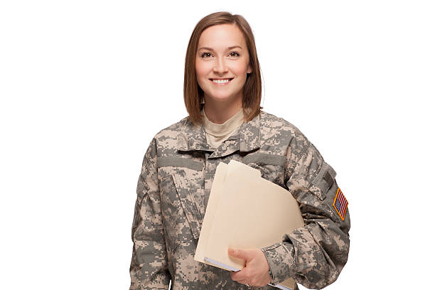 istock Female Soldier holding files 160431327