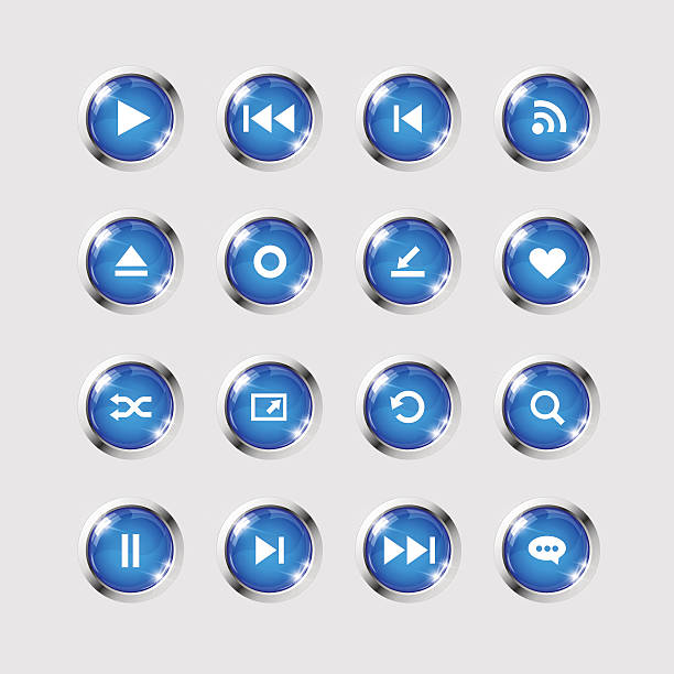 Set of media player icons on high glossy round buttons for use in flash and music player interface. Image contains transparency in lights shapes. EPS 10
