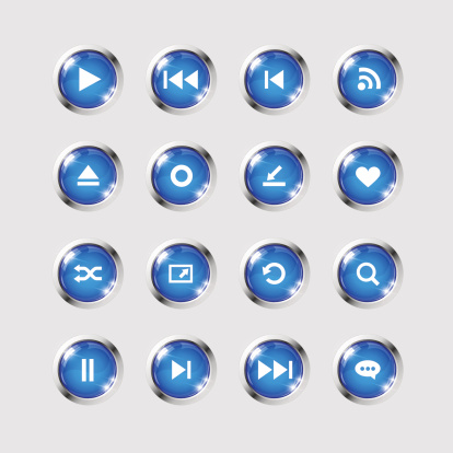 Set of media player icons on high glossy round buttons for use in flash and music player interface. Image contains transparency in lights shapes. EPS 10