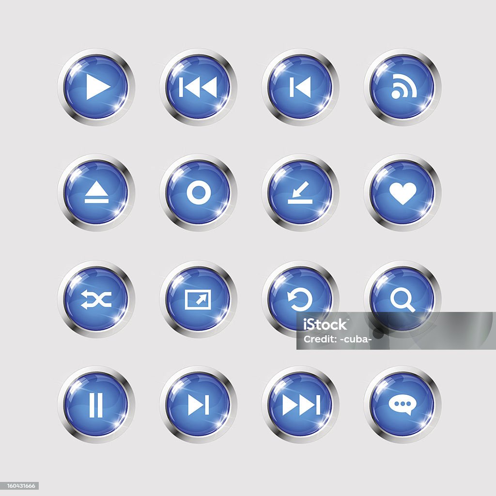 Media icons collection set Set of media player icons on high glossy round buttons for use in flash and music player interface. Image contains transparency in lights shapes. EPS 10 Vector Stock Photo