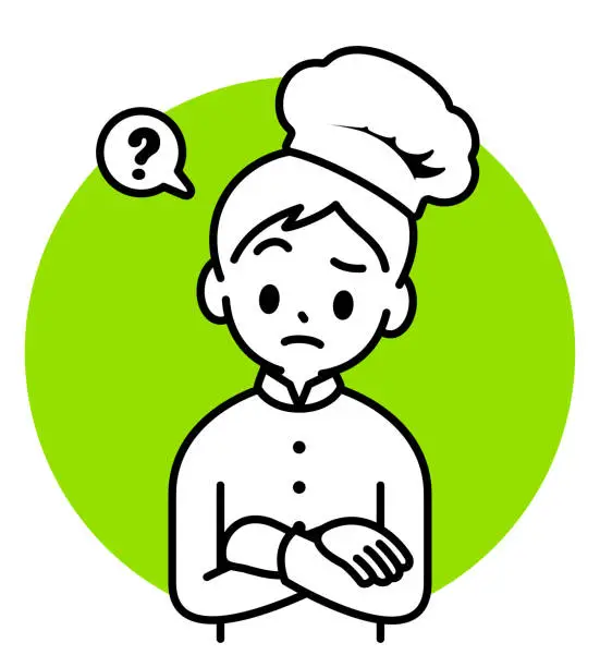 Vector illustration of A chef boy full of doubts with his head cocked and his arms crossed in front of his chest, looking at the viewer, minimalist style, black and white outline