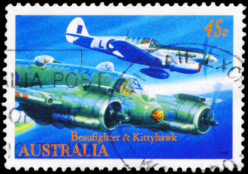 A Stamp printed in AUSTRALIA shows the Aircraft Beaufighter and Kittyhawk, Military Aviation series, circa 1996