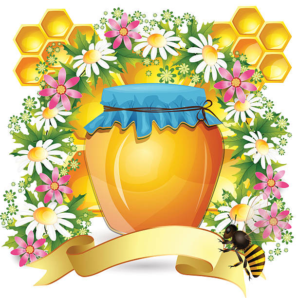 허니 용기 및 꽃을 beutifull - honey hexagon honeycomb spring stock illustrations