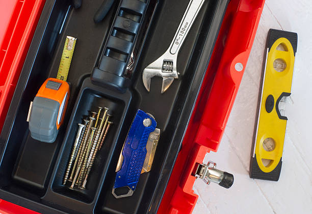 istock Orange Tool Box Wrench Measuring Tape and Level 160433883