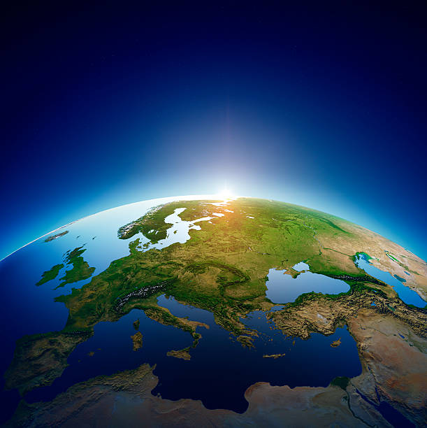 Planet earth - Europe with sunrise stock photo