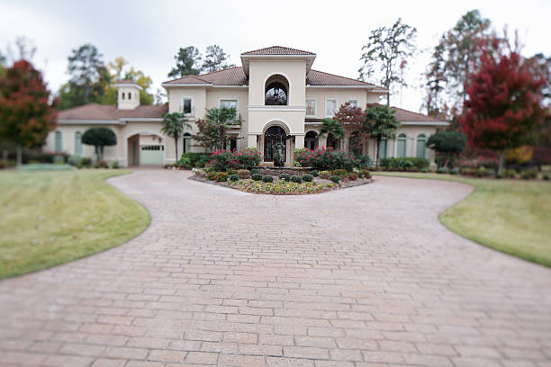 Exterior of a luxury home with tilt and shift lens stock photo