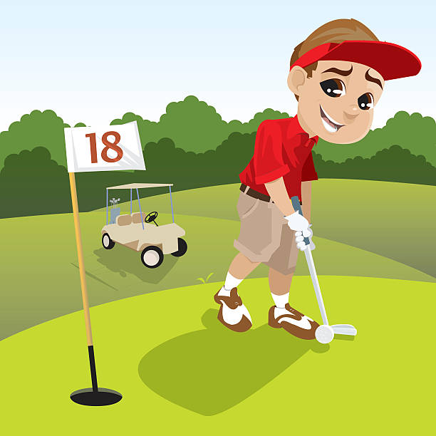 ilustraciones, imágenes clip art, dibujos animados e iconos de stock de young jugador de golf - practicing golf putting golf flag