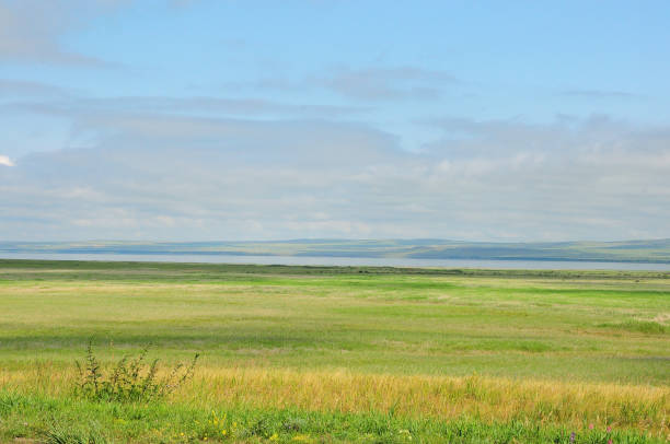 steppe sans fin avec une gamme de collines sur la rive d’un large lac sous un ciel nuageux d’été. - grass area hill sky mountain range photos et images de collection