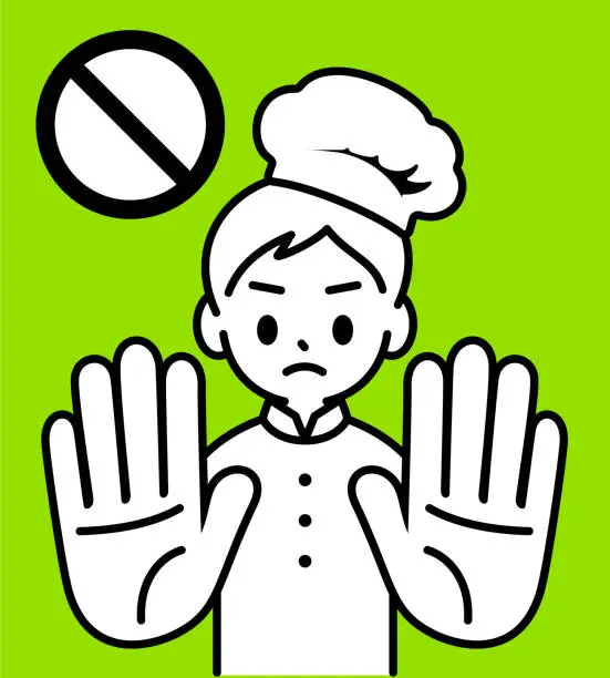 Vector illustration of A chef boy is holding up his hands to refuse, looking at the viewer, minimalist style, black and white outline