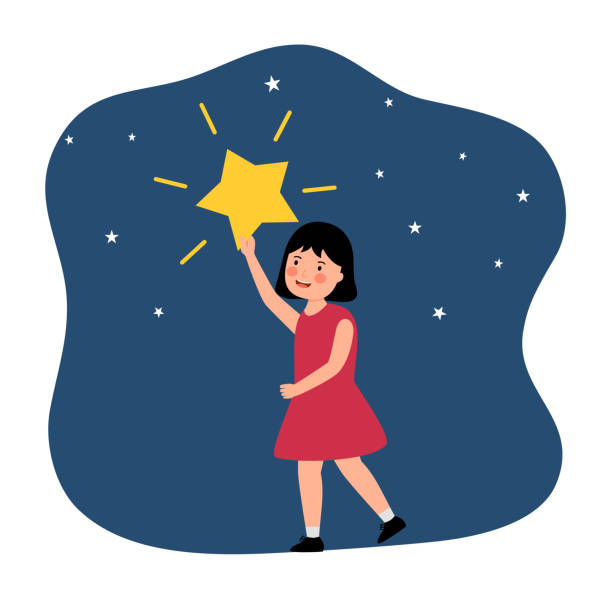 istock Little girl child reach the star in flat design. 1604436277