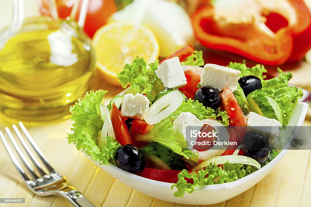 Greek salad Greek vegetable salad with feta cheese and ingredients Appetizer Stock Photo