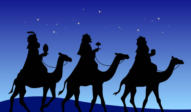 Three wise men riding camels black silhouette vector Three wise men riding camels black silhouette shape vector. Three biblical kings or magi in desert at night with a starry sky. christmas three wise men camel christianity stock illustrations