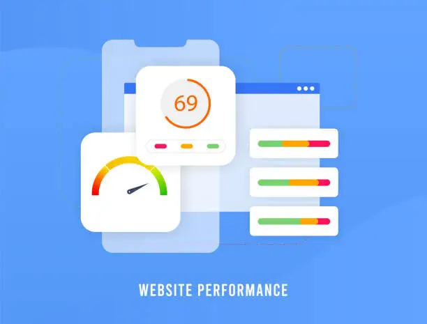 Vector illustration of Website Performance Optimization concept. Enhance Web Page Speed for Improved SEO Metrics. Web Browser with Speedometer Indicator, Enhancing Website Performance, User Experience and SEO Ranking