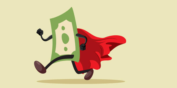 ilustrações, clipart, desenhos animados e ícones de super-herói genérico nota papel moeda executando vector cartoon - superhero currency heroes savings