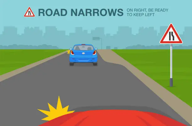 Vector illustration of Safety car driving and traffic regulating rules. Traffic or road sign indicates that road narrows on right, be prepared to keep left.