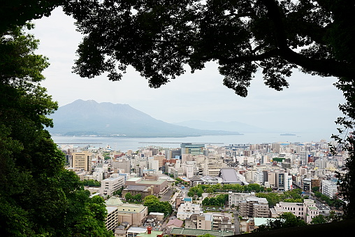 Kagoshima city seen from a wooden frame